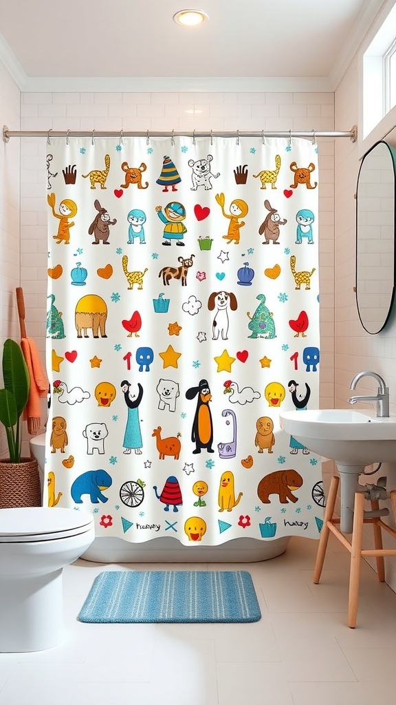 A colorful and playful shower curtain featuring cartoon animals and characters in a bright design.