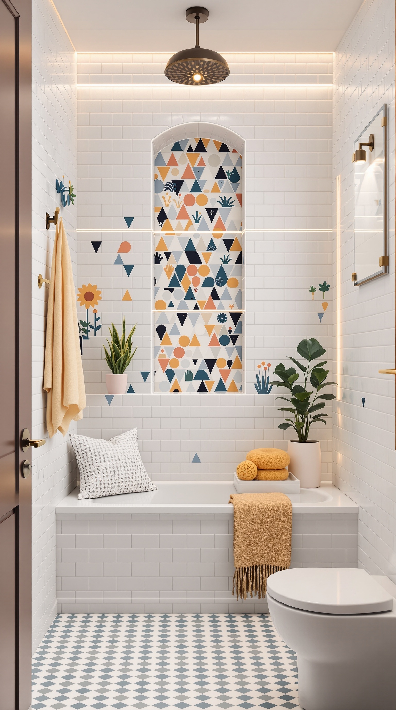 A colorful kids bathroom with a whimsical shower niche featuring geometric patterns, plants, and cozy decor.
