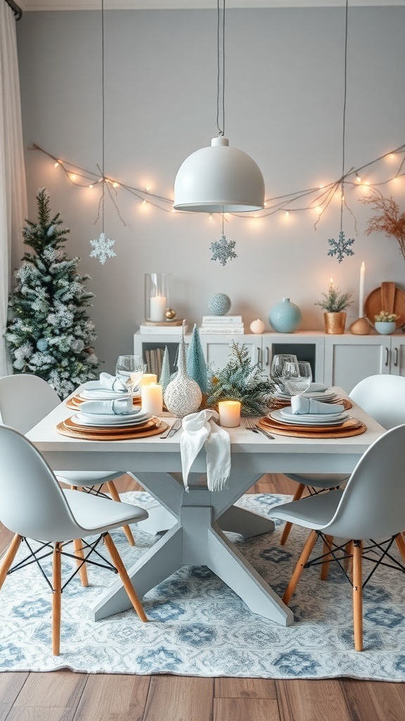 A winter-themed dining table decorated with snowflake decor, candles, and a small tree.
