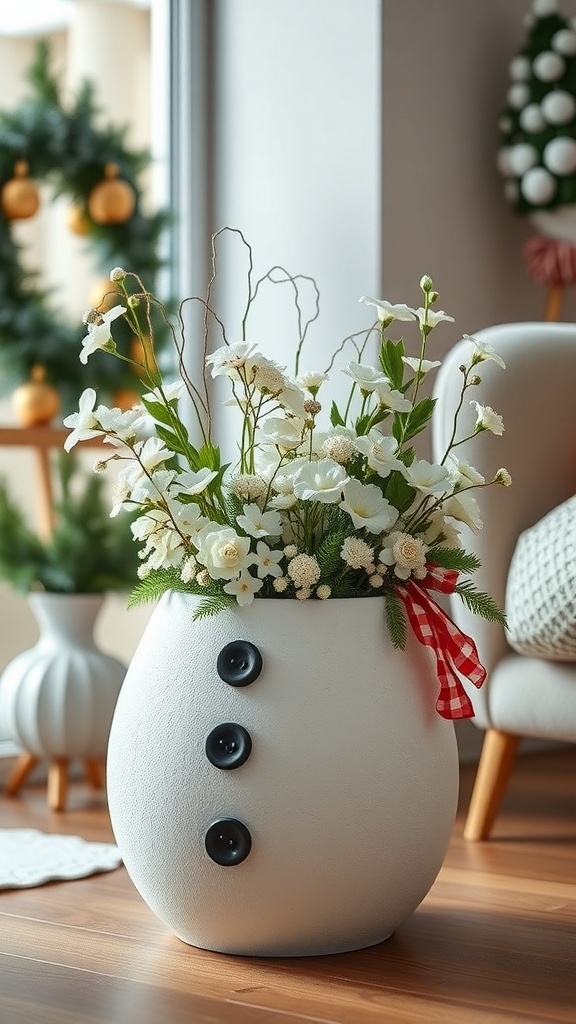 A whimsical snowman planter filled with white flowers and greenery, featuring black buttons and a red ribbon, set against a cozy holiday backdrop.