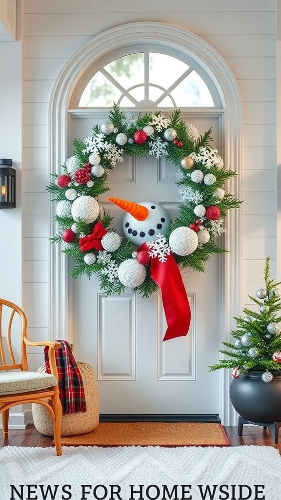 A whimsical snowman wreath with a snowman face, colorful ornaments, and a red ribbon, displayed on a front door.