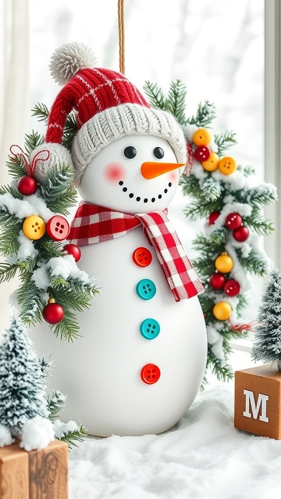 A whimsical snowman wreath featuring a snowman with a red and white striped hat, colorful buttons, and a wreath of greenery.
