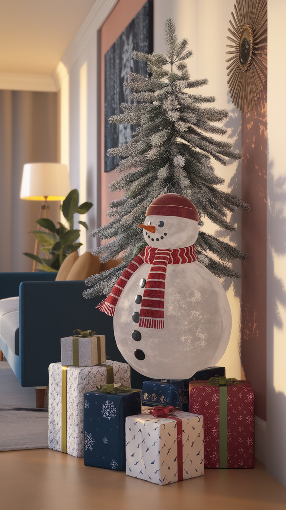 A whimsical snowman tree topper with a red scarf and hat, surrounded by wrapped gifts under a Christmas tree.