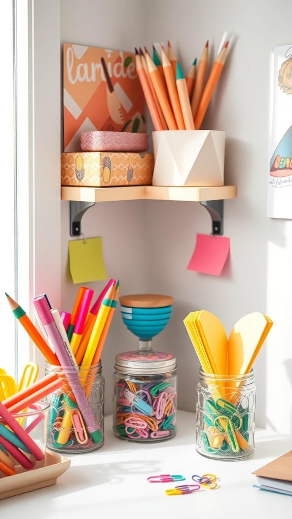 A colorful and organized desk with jars of stationery, pencils, sticky notes, and decorative boxes.