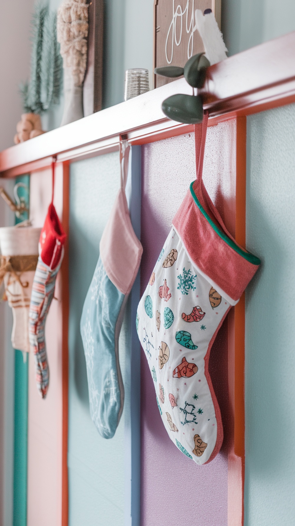 Colorful whimsical Christmas stockings hanging on a wall