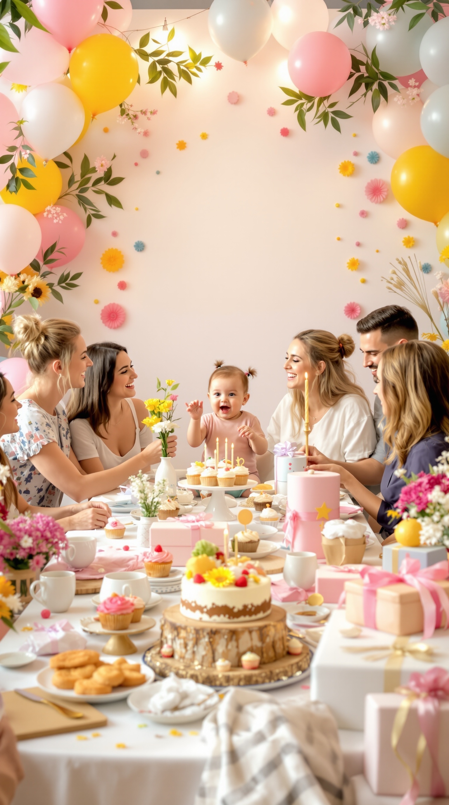 A joyful baby shower scene with a whimsical storybook theme, featuring a baby, friends, and a beautifully decorated table.
