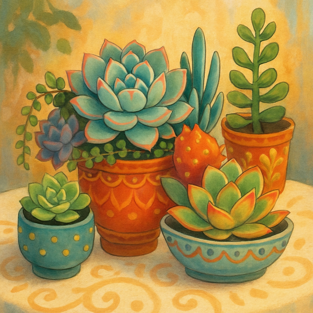 A colorful arrangement of succulents in decorative pots on a table.