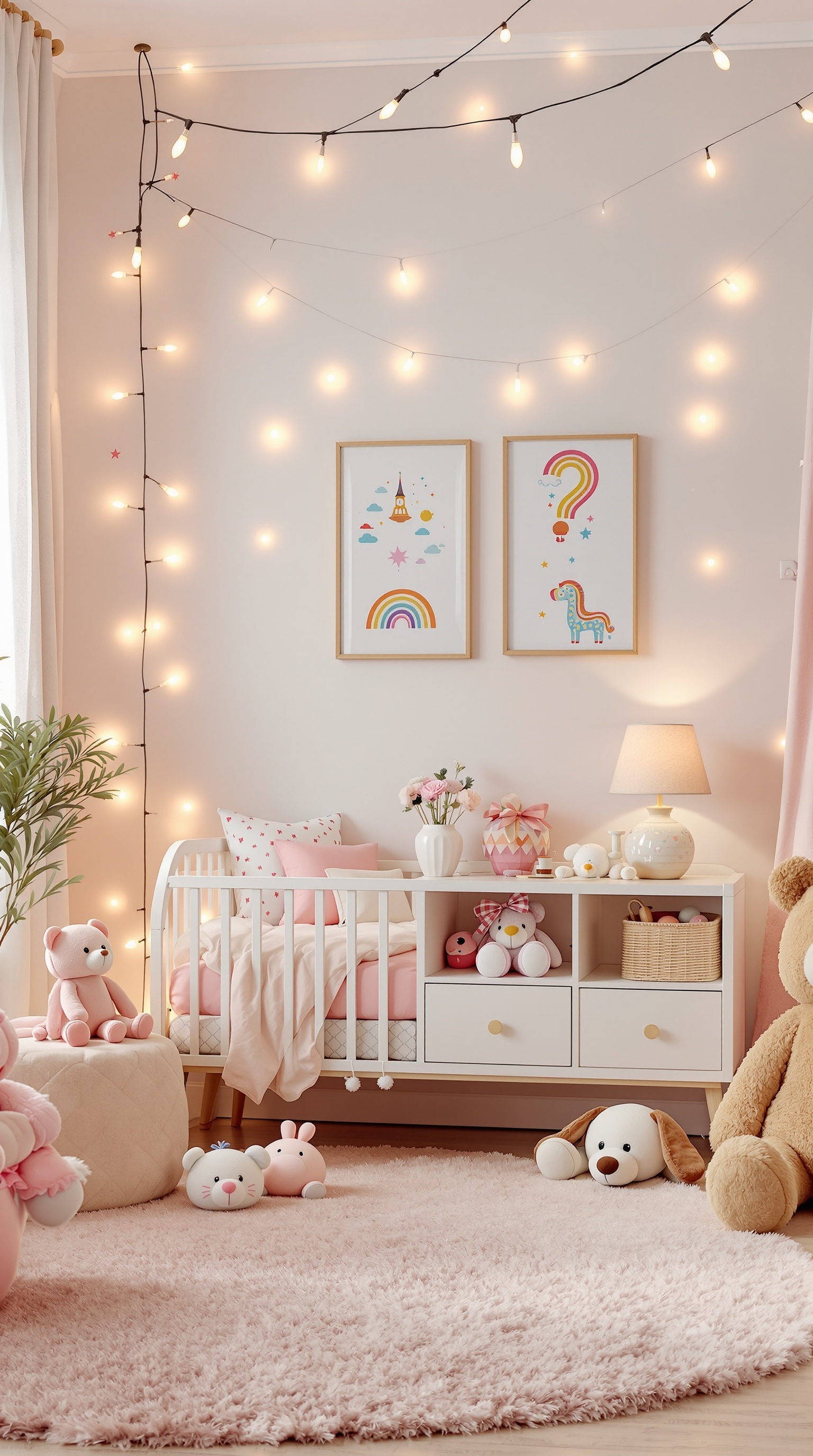 A whimsical toddler bedroom with soft lighting, playful decor, and plush toys.