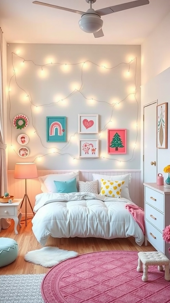 A whimsical kids bedroom with colorful wall art, fairy lights, and cozy bedding.