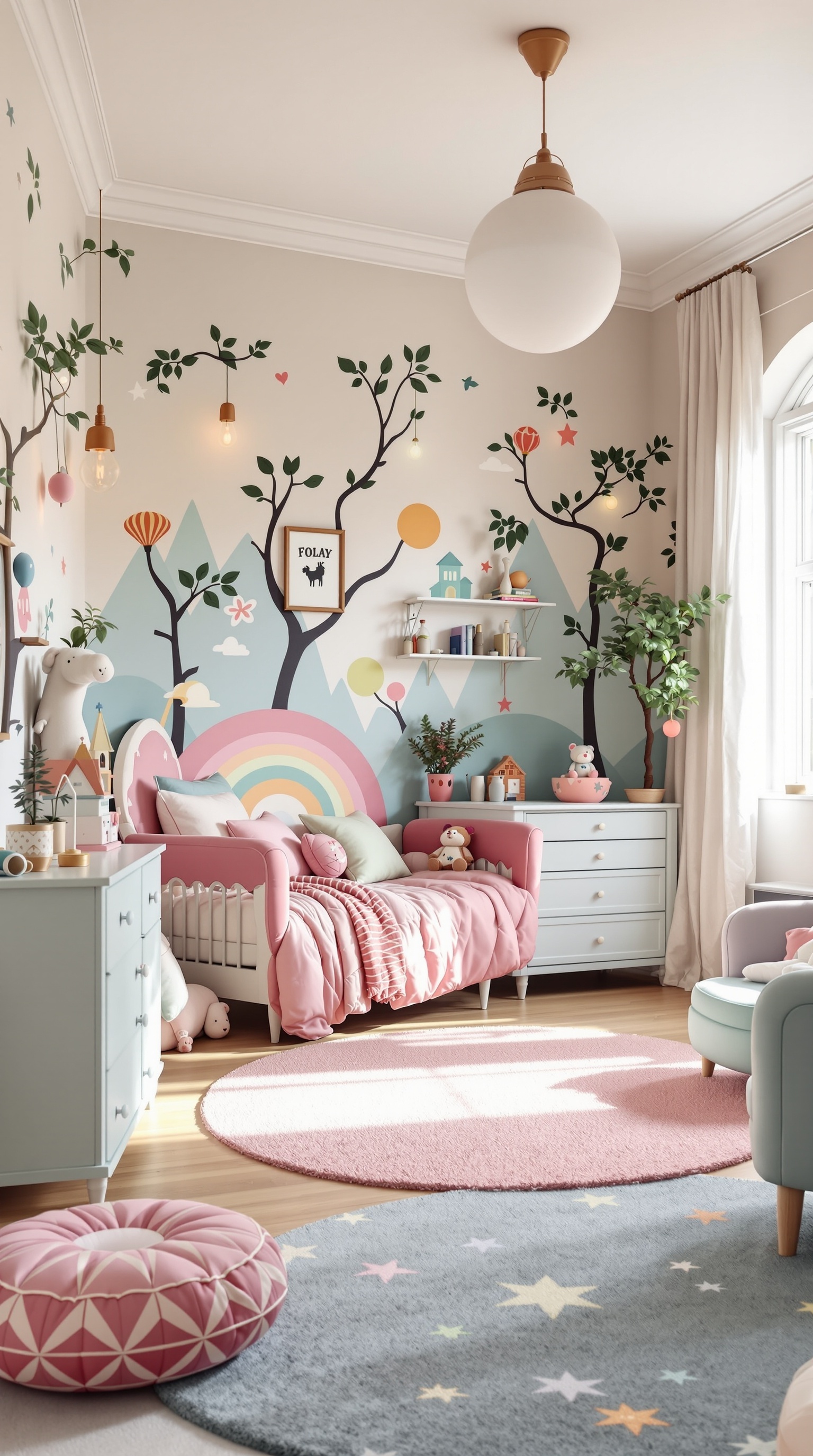 A whimsical kids bedroom featuring a pink bed, light blue dresser, colorful wall art, and playful decor.