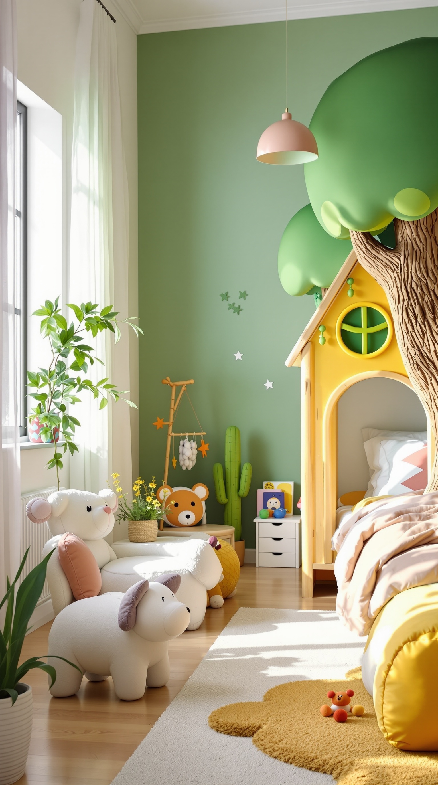 A whimsical kids bedroom featuring a treehouse bed, plush animal chairs, and playful decorations.