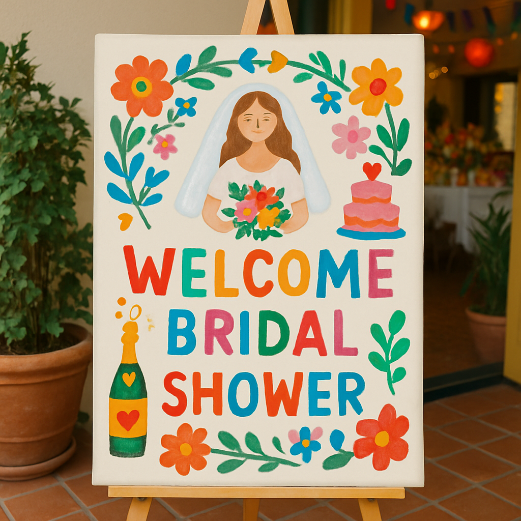 A colorful bridal shower welcome sign featuring a bride with flowers, a cake, and vibrant decorations.
