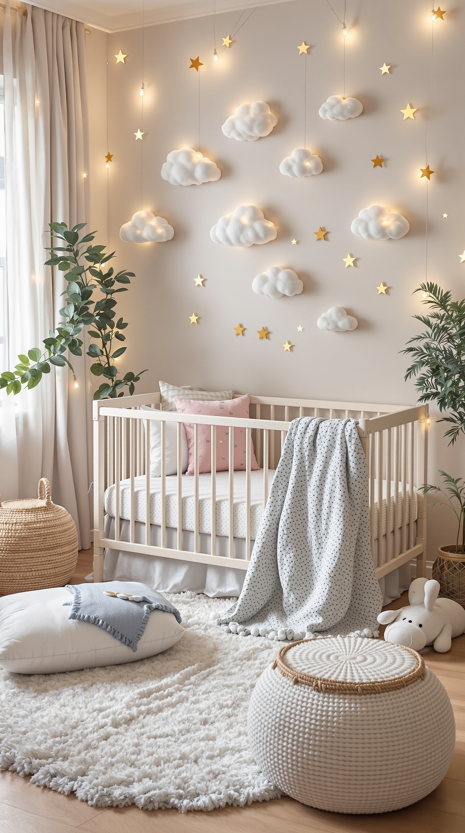 A cozy baby room with cloud and star decorations, a crib, soft rug, and plants.