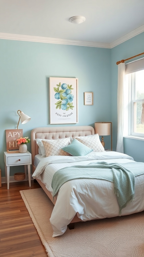 A cozy bedroom with light blue walls, a comfortable bed with white linens and a mint green throw, and playful decor elements.