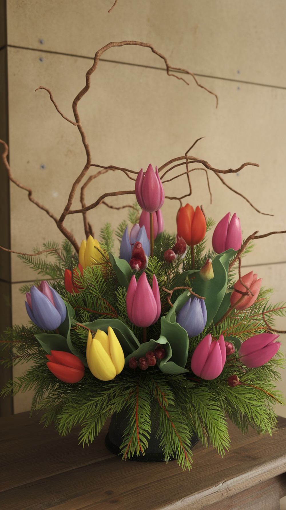 A colorful arrangement of tulips and fir branches in a black pot, featuring pink, yellow, and purple tulips with twisted branches.