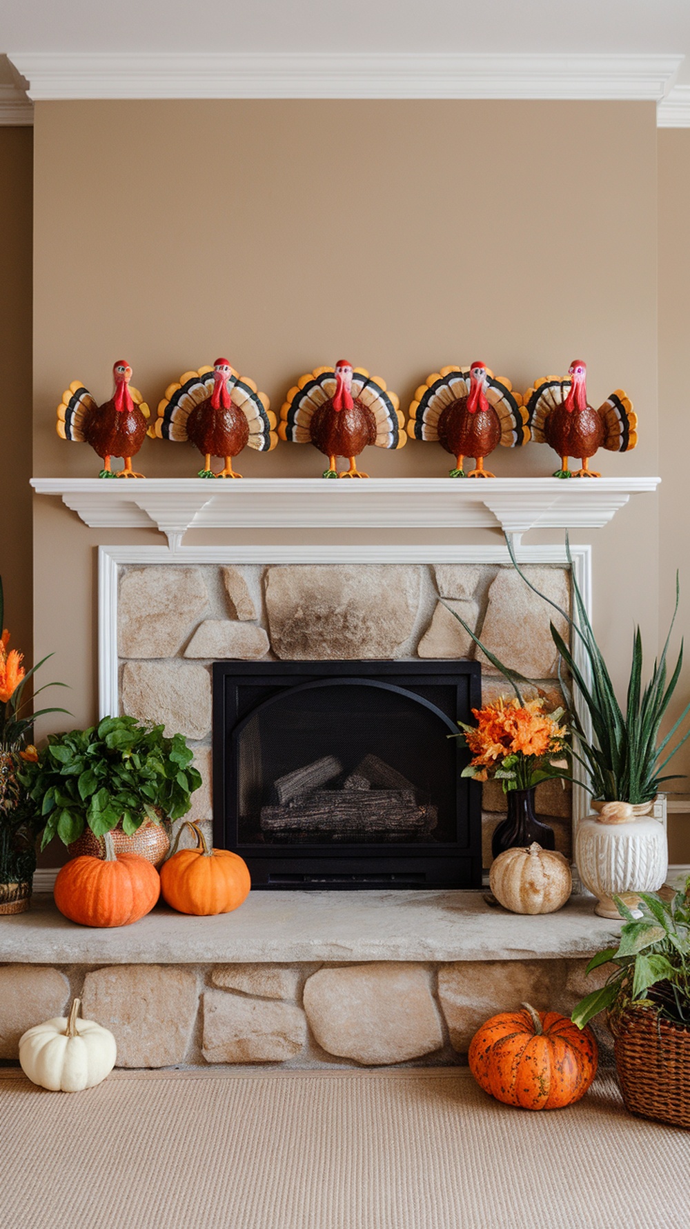 A mantel decorated with whimsical turkey figurines, pumpkins, and greenery for Thanksgiving.