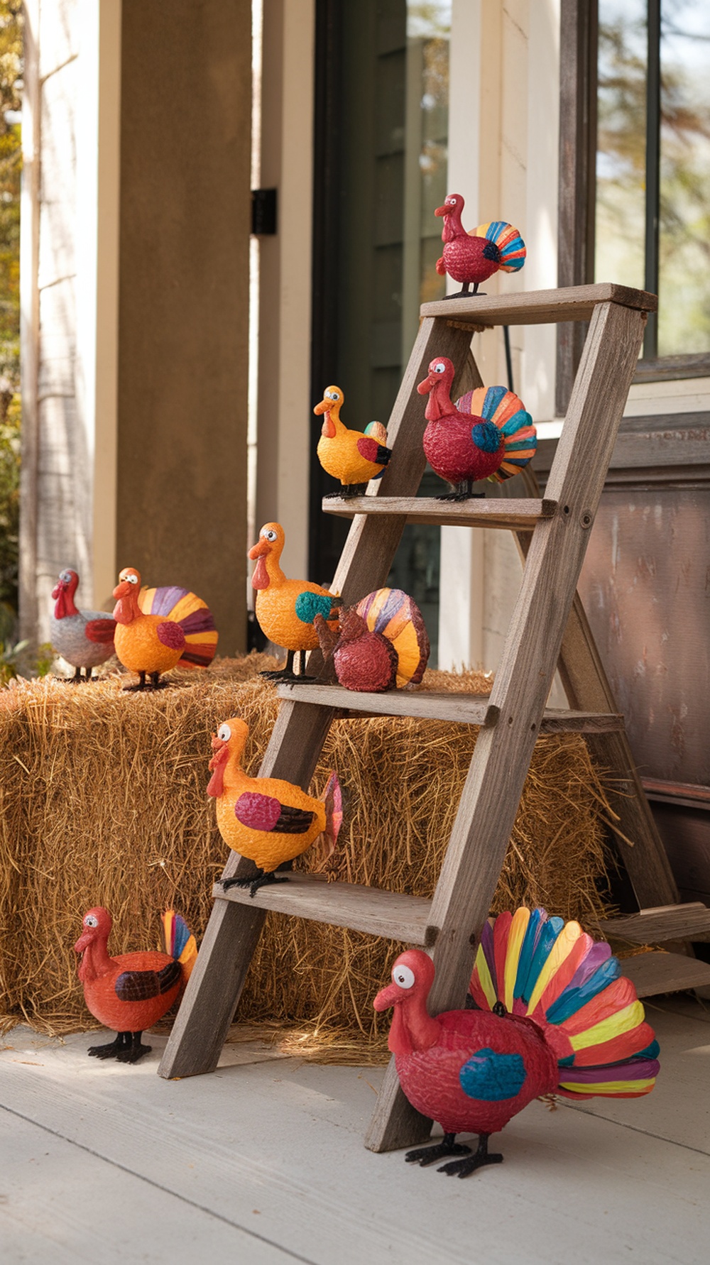 Colorful turkey figurines on a wooden ladder with hay bales in the background