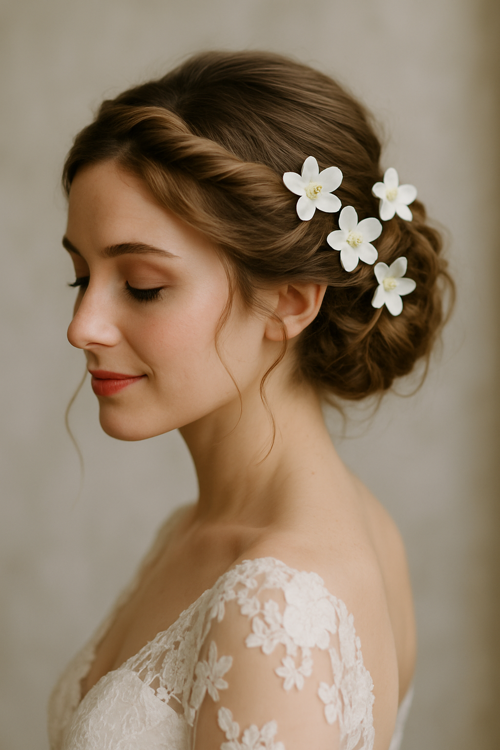 A woman with a twisted halo hairstyle adorned with white flowers, showcasing a soft and romantic look.