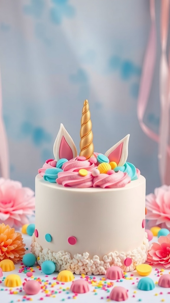 Whimsical unicorn cake with golden horn and colorful frosting
