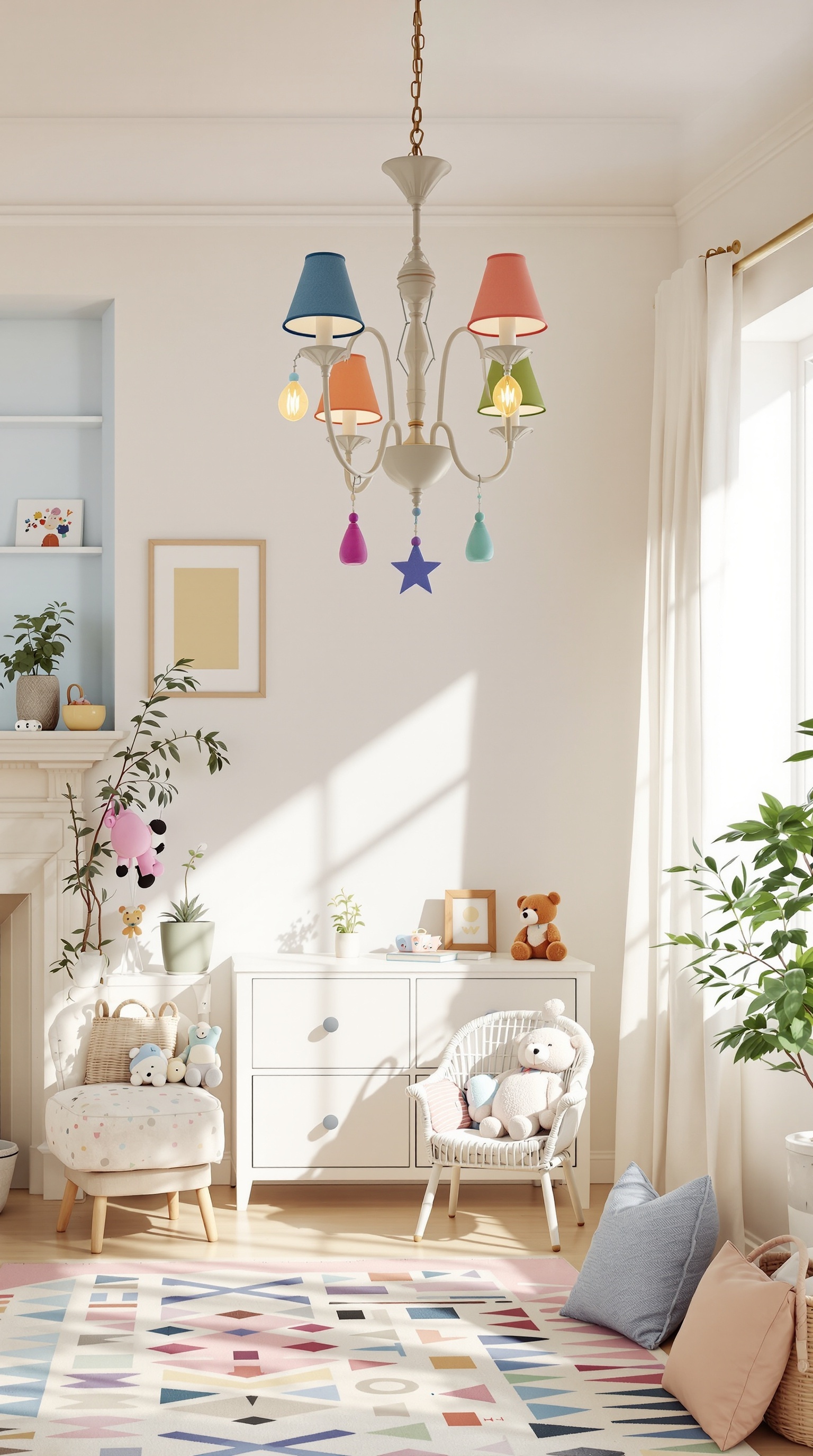 A whimsical chandelier with colorful shades in a vintage toddler room