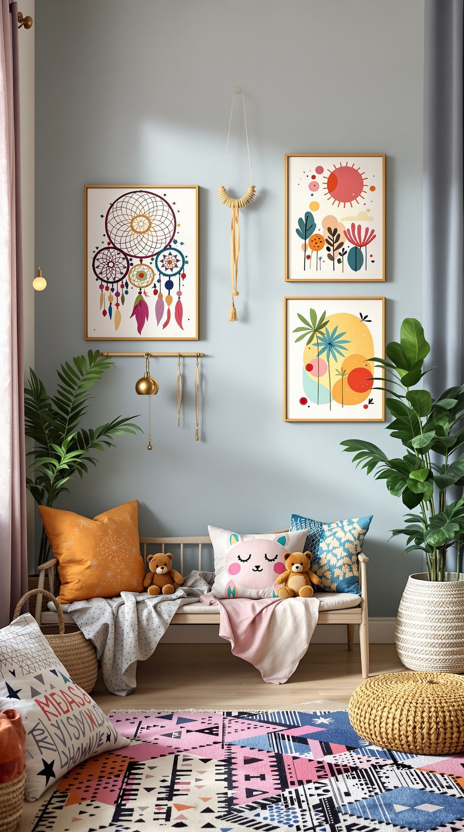 A cozy boho kids room with colorful wall art, plants, and playful decor.