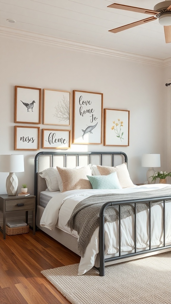 A romantic farmhouse bedroom featuring whimsical wall art with framed pictures of birds, flowers, and a quote.