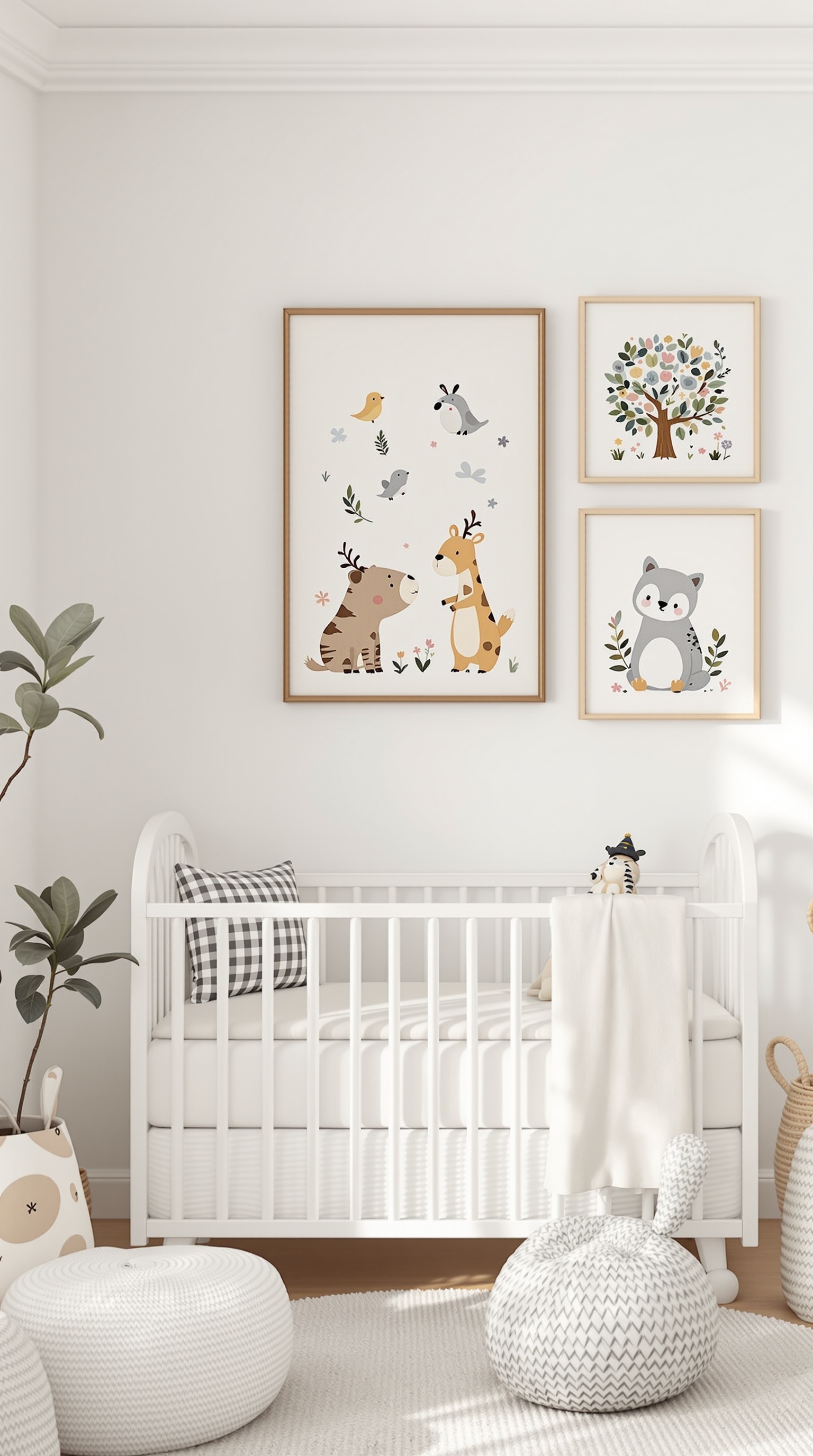 Whimsical wall art featuring cute animal illustrations in a neutral baby nursery.