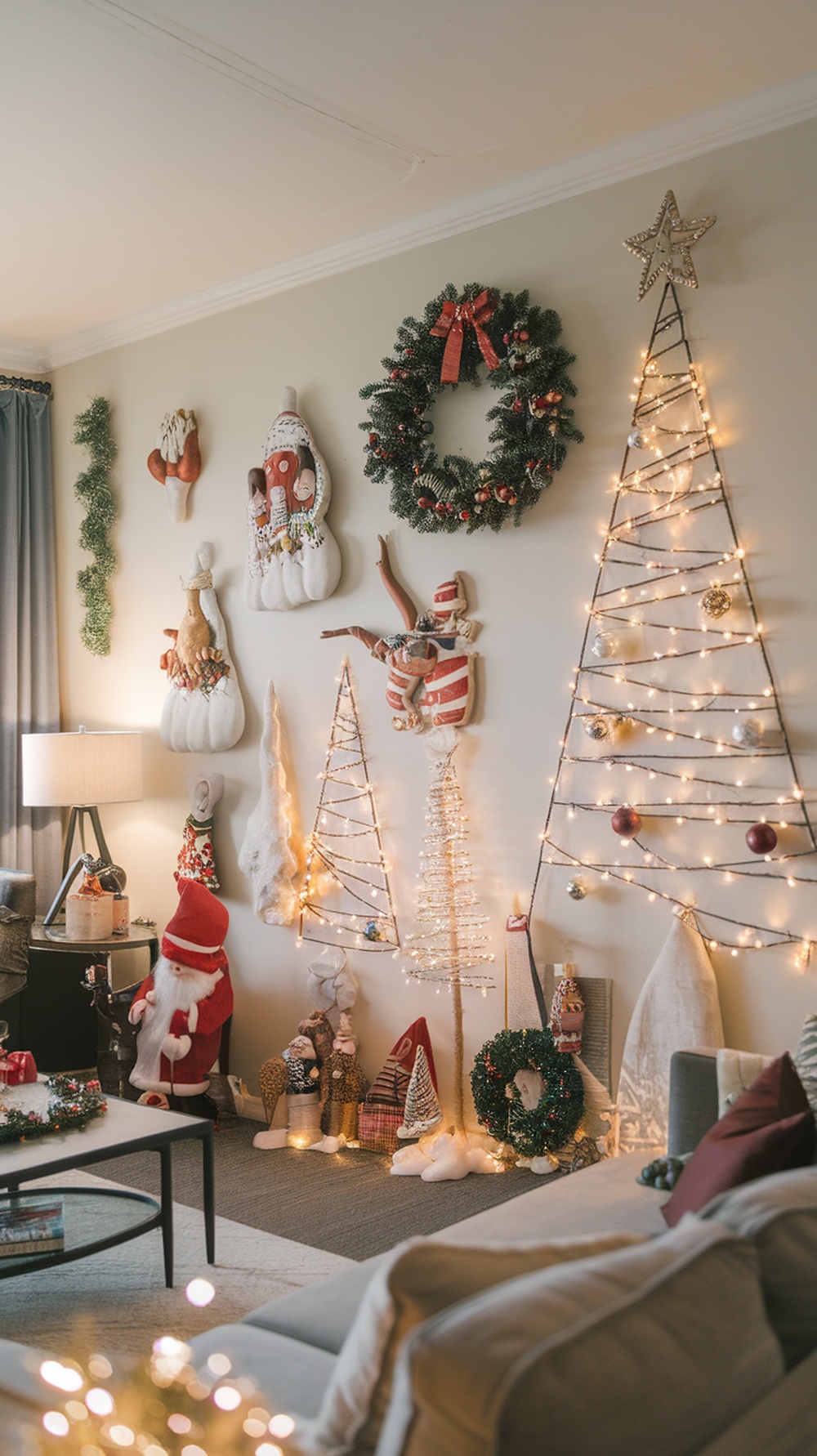 A cozy living room decorated with whimsical Christmas wall art, featuring unique tree designs, wreaths, and Santa figures.
