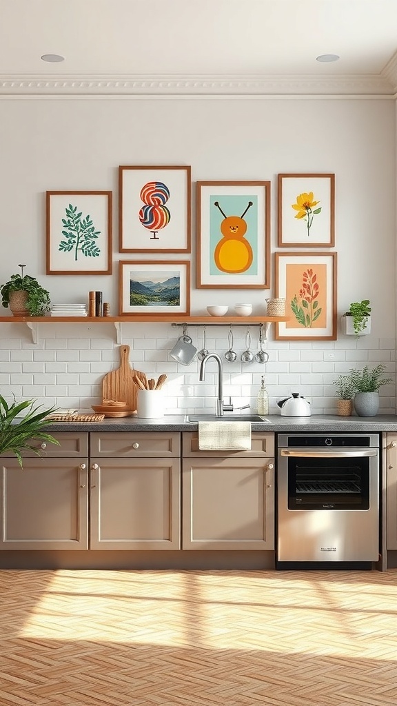 Colorful wall art in a kitchen featuring various playful designs