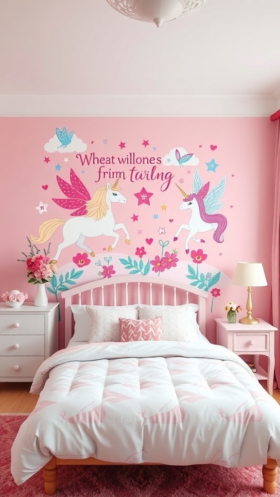 A pink girls' bedroom featuring whimsical wall art with unicorns, stars, and butterflies.