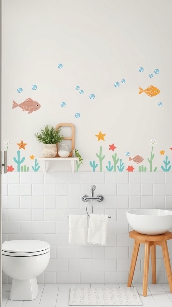 A bathroom wall decorated with whimsical fish and bubbles decals.