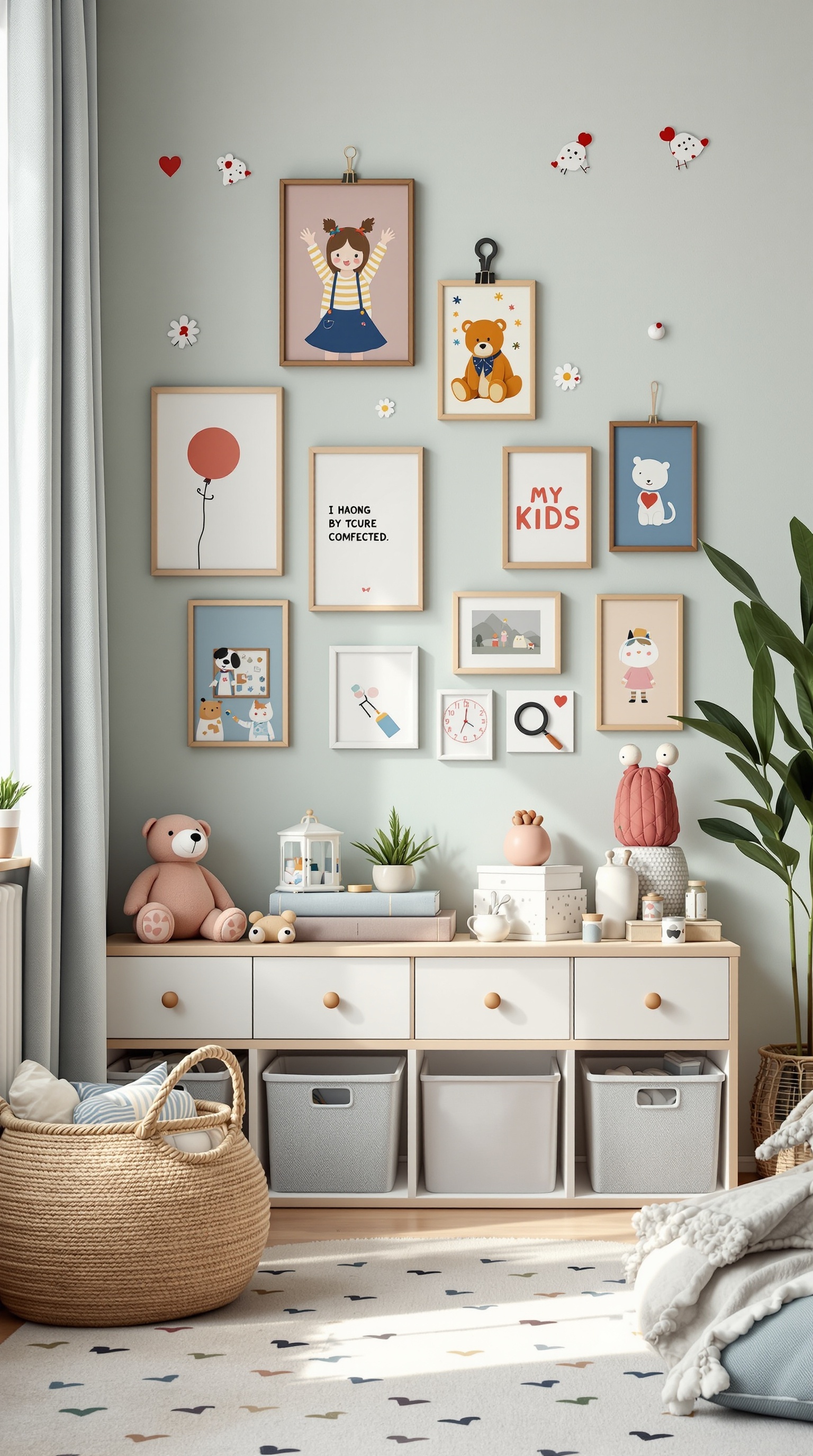 A colorful kids room with whimsical wall decor featuring framed illustrations of animals and characters.