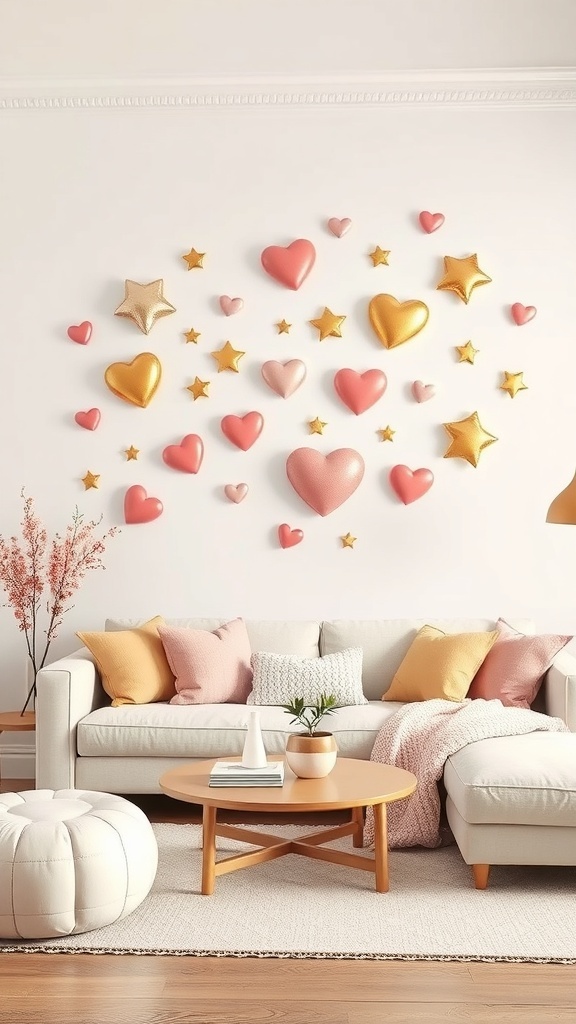 A whimsical wall decor featuring hearts and stars in pink and gold colors, enhancing a romantic pink bedroom.