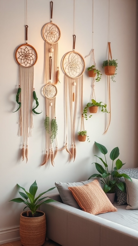A collection of dreamcatchers and hanging plants on a wall, adding a whimsical touch to the decor.