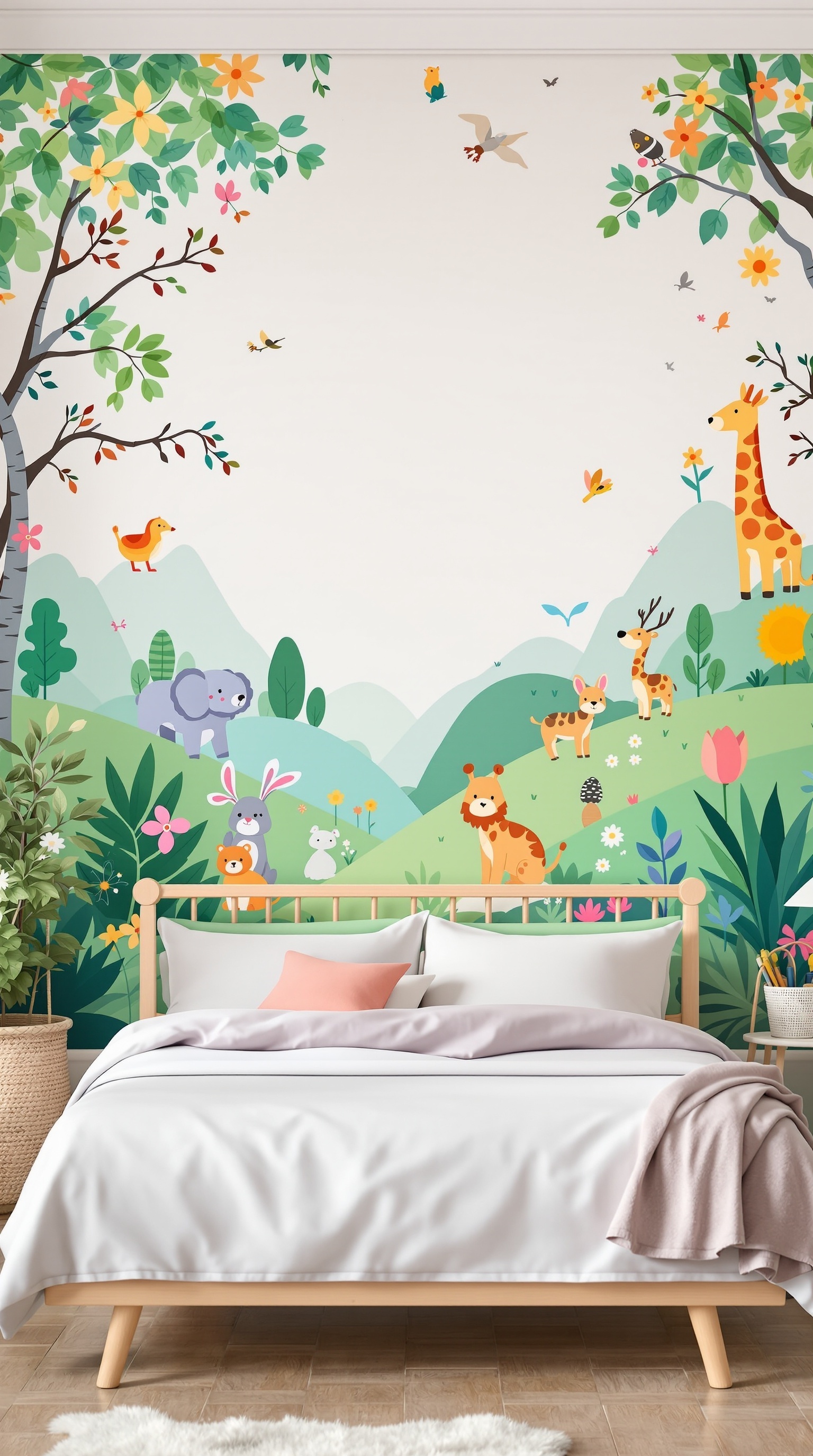 A colorful wall mural in a kids' room featuring animals and flowers.