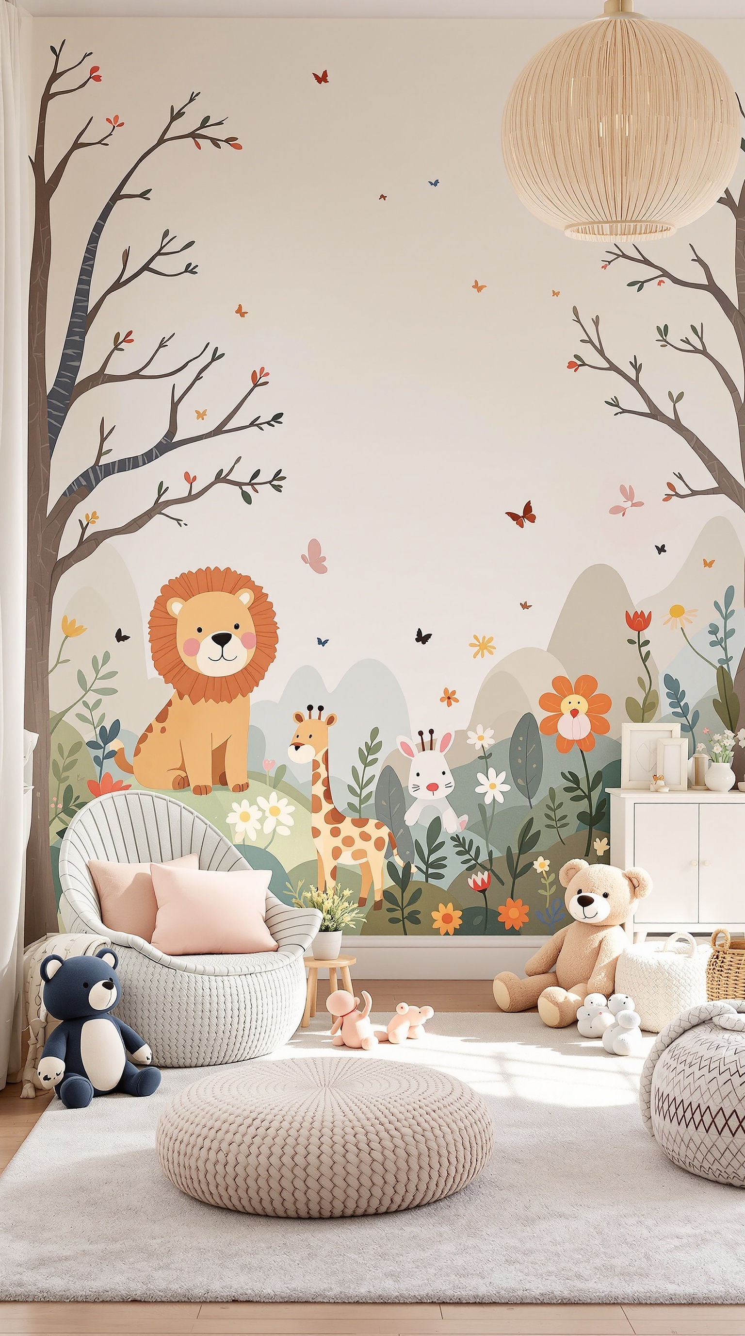 A whimsical wall mural featuring a lion, giraffe, and bunny among flowers and butterflies in a toddler's room.