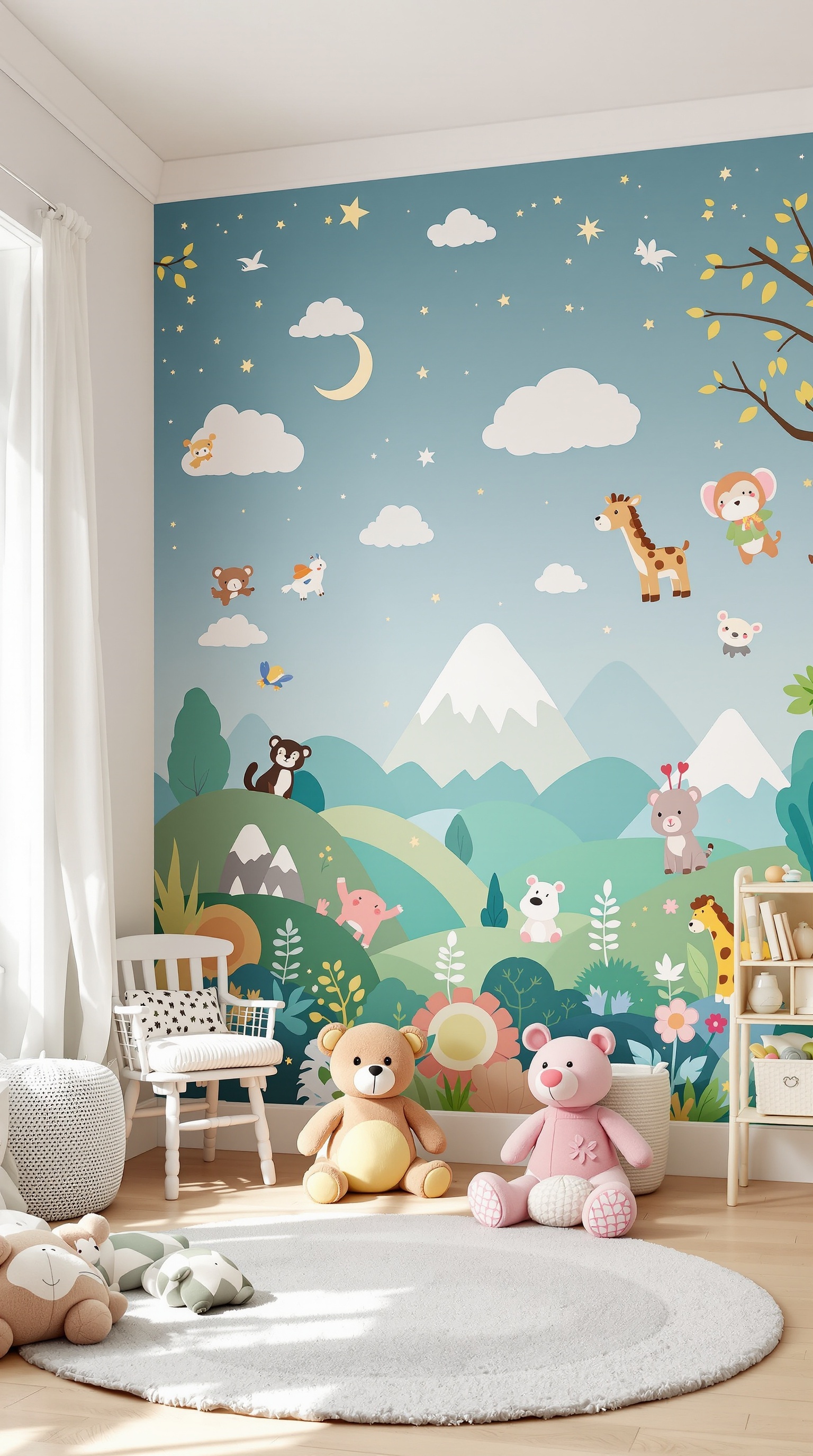 A colorful wall mural in a toddler's room featuring animals, mountains, and a bright sky.