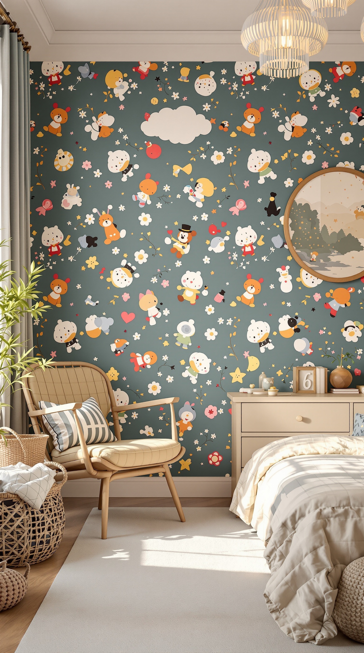 A vintage kids room with whimsical wallpaper featuring playful characters and flowers.