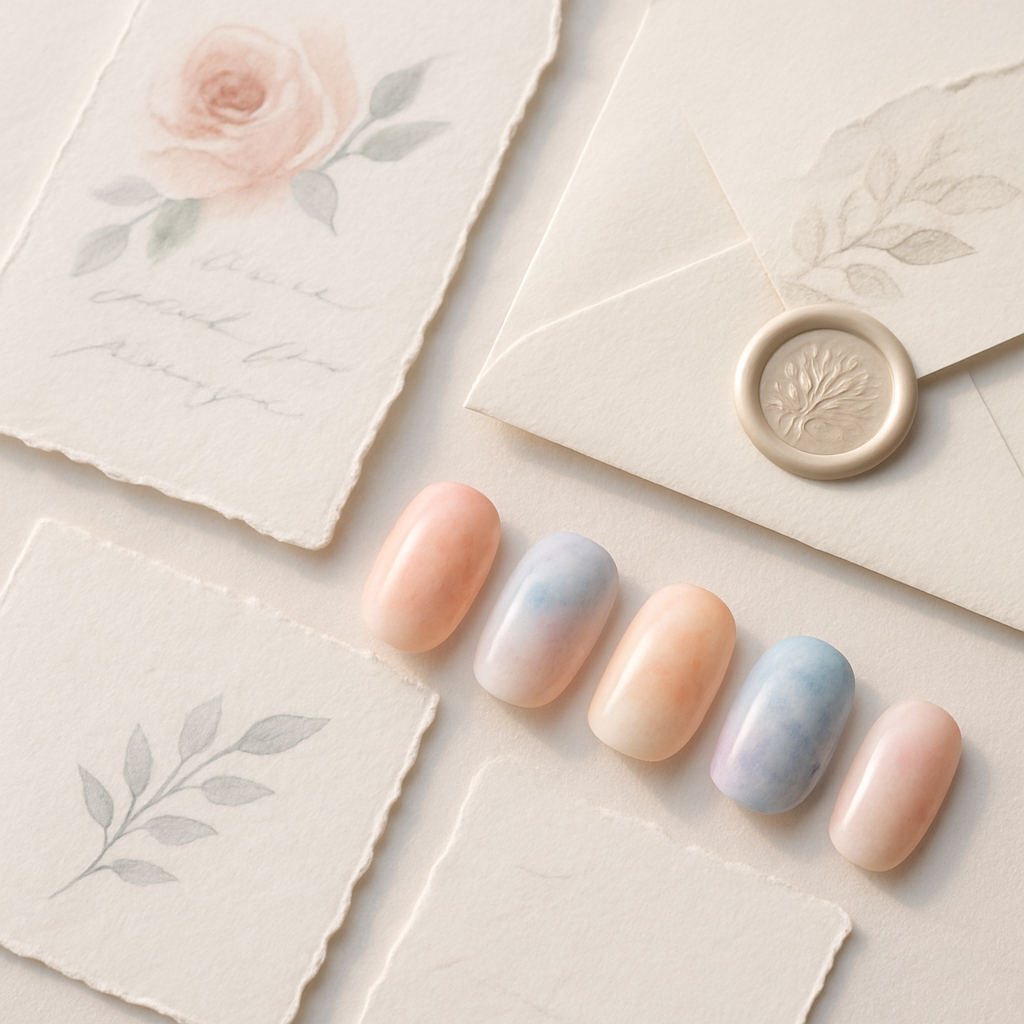 A set of whimsical watercolor nails in pastel shades, displayed alongside elegant stationery featuring floral designs.