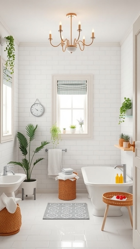 A bright white bathroom featuring a chandelier, plants, and stylish decor.