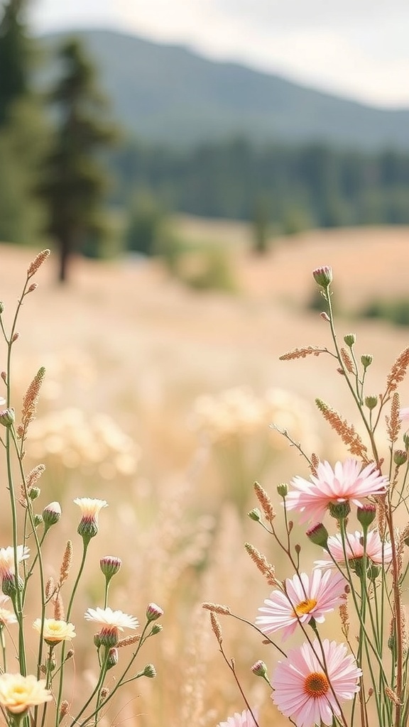 A field of wildflowers with soft-focus greenery and mountains in the background