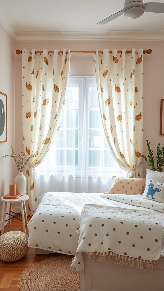 A whimsical bedroom with light curtains featuring animal prints, a cozy bed, and a warm atmosphere.