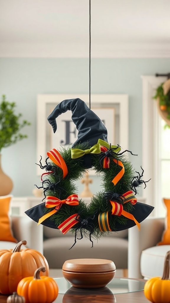 A whimsical witch hat wreath with colorful ribbons and faux greenery, hanging in a cozy living room.