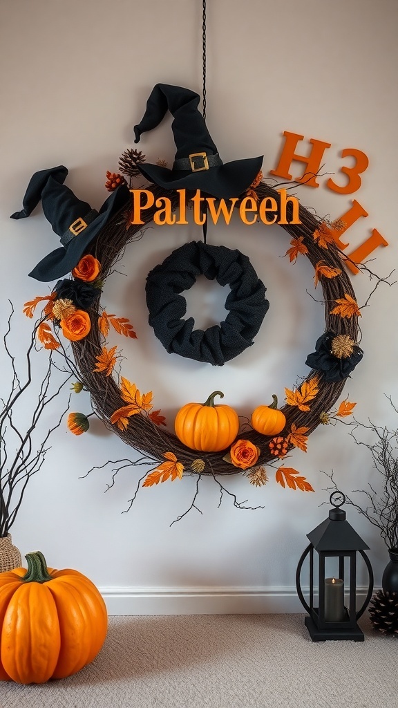 A whimsical witch pumpkin wreath featuring witch hats, orange pumpkins, and autumn leaves.