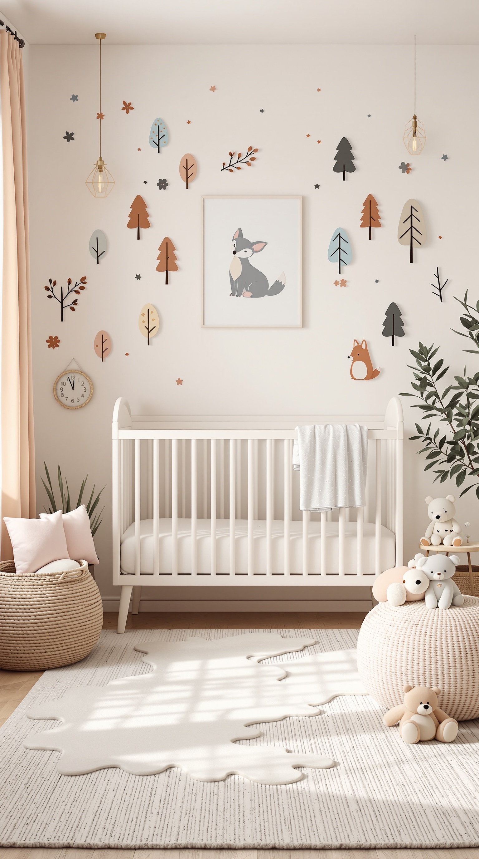 A baby room with a whimsical woodland theme featuring trees, animals, and soft colors.