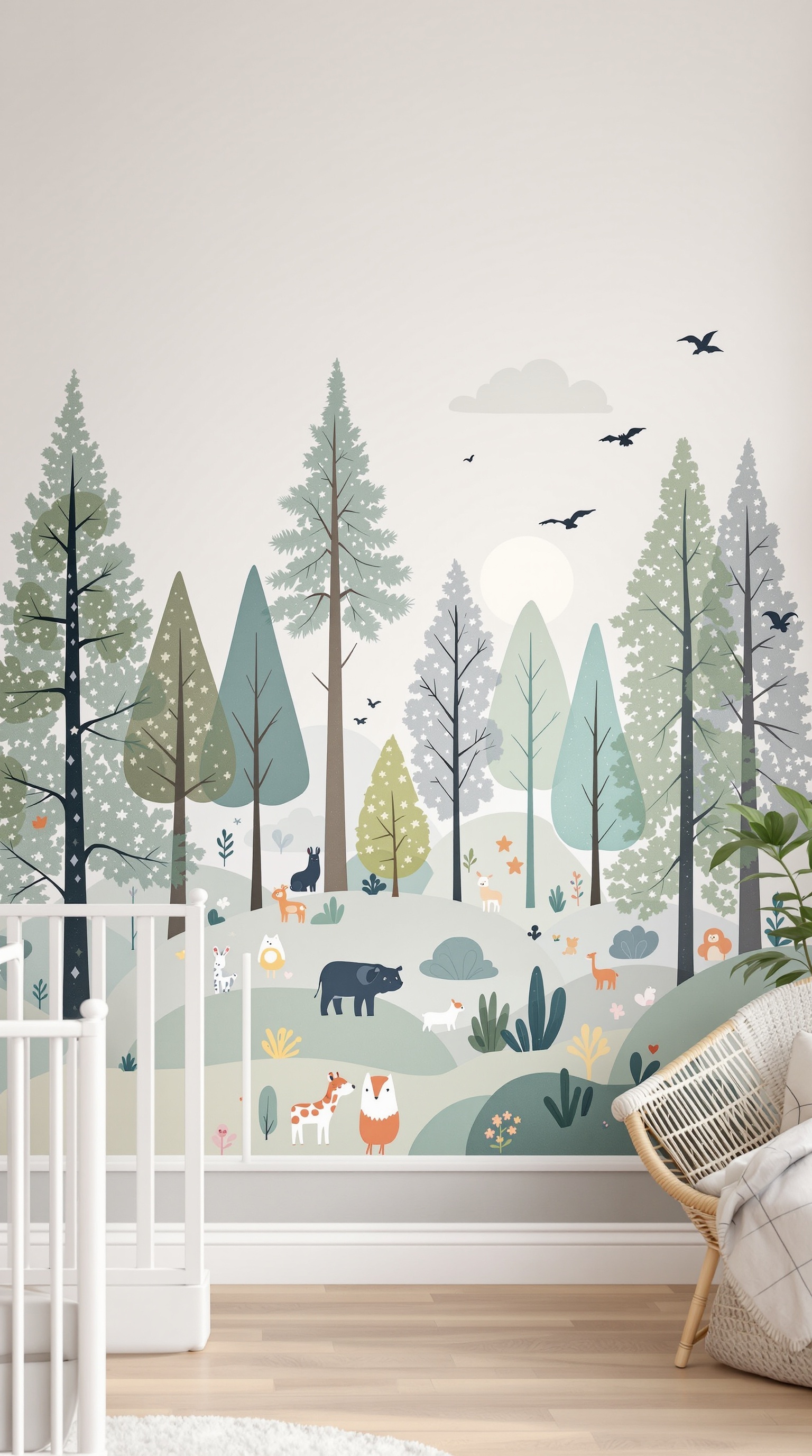 A whimsical woodland mural featuring trees and playful animals in soft colors.