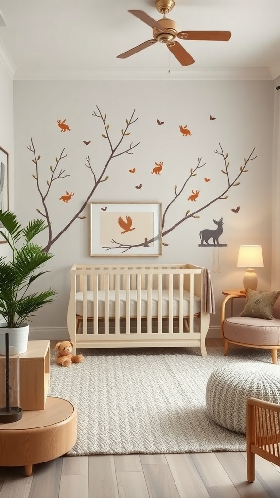 A cozy nursery with woodland-themed decor, featuring tree branch wall art, a wooden crib, and soft furnishings.