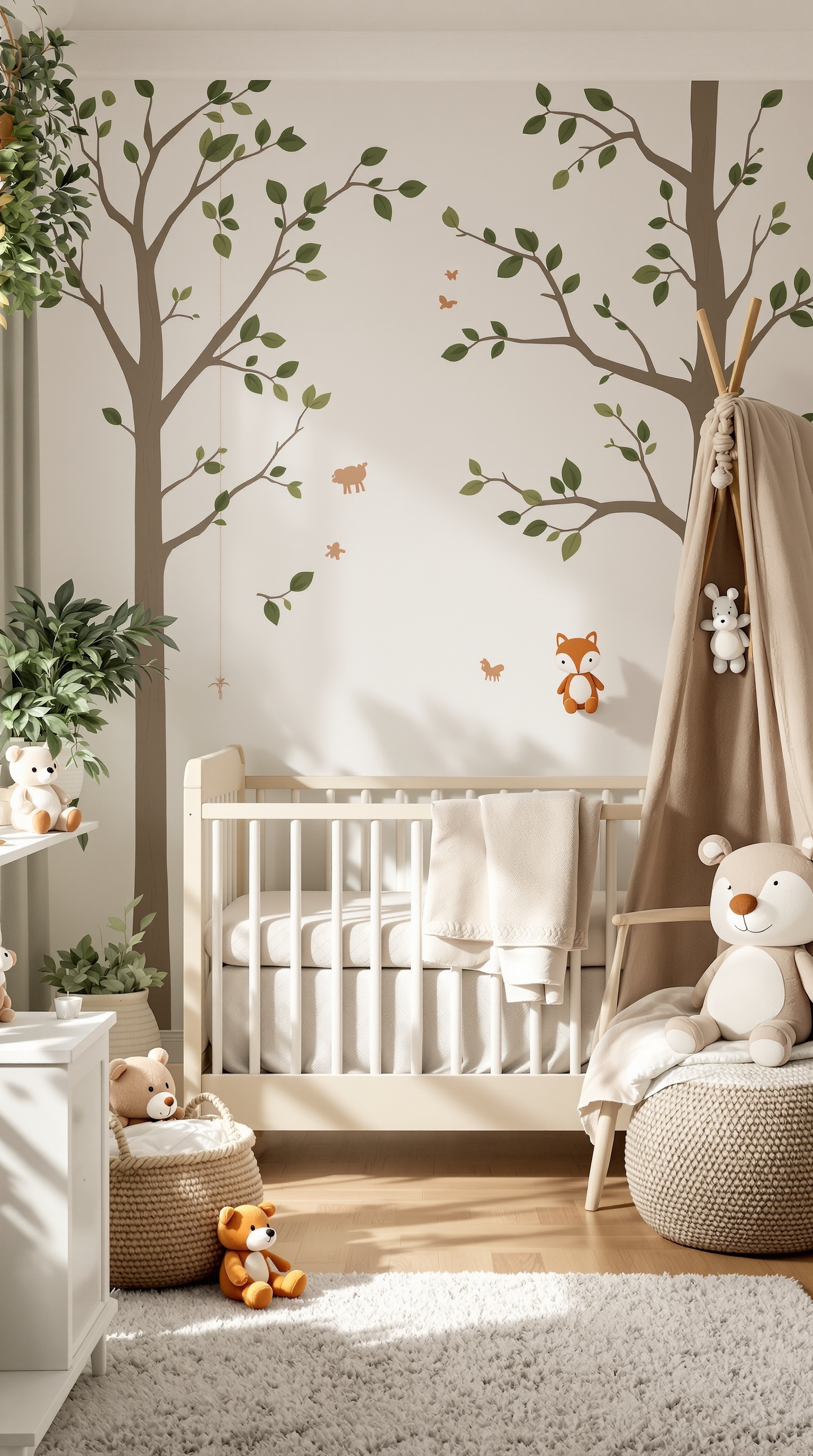 A cozy baby room with a woodland theme featuring tree decals, plush toys, and a crib.