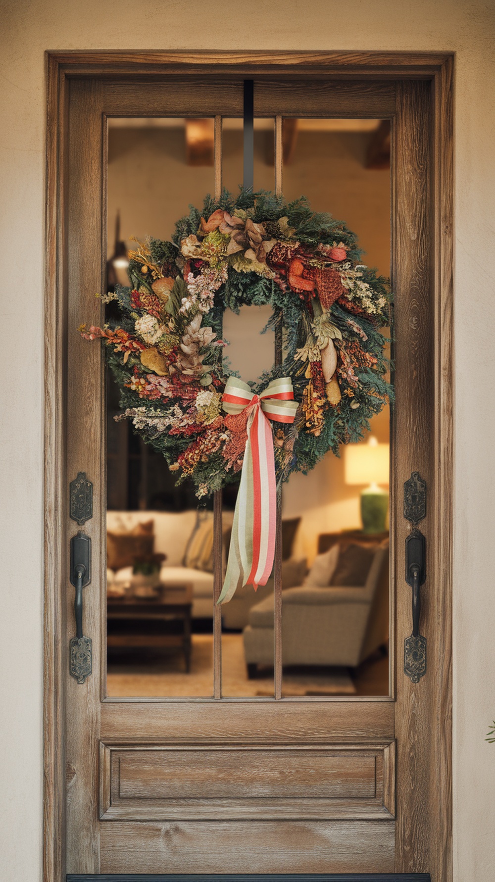 A decorative wreath made of dried flowers and greenery, hanging on a wooden door.