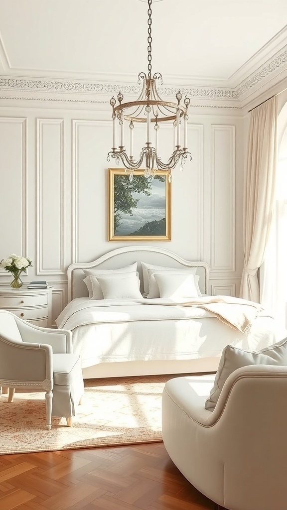 A serene bedroom featuring white walls, cream bedding, and elegant decor.